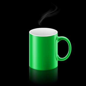 Green office mug with a small stream of smoke above it on black background.
