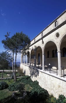 The courtyard of the Monastery of Santuari de la Mare de Deu de Cura on the puig de Randa mountain in the centre of the island of Mallorca,one of the Balearic islands in the Mediterranean Sea.