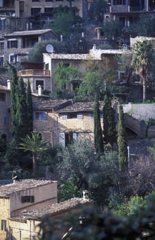 The farming village of Deia or Deya with the old traditional stone houses in February 2005 in the north-west of the island of Mallorca one of the Balearic islands in the Mediterranean.