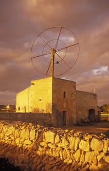 A traditional wind farm in Montuiri,which was used in agriculture,stands in the center of the island of Mallorca one of the Balearic islands in the Mediterranean.