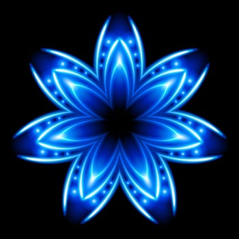 Blue and white flower. Shining. Black background.