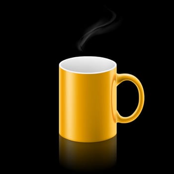 Yellow office mug with a small stream of smoke above it on black background.