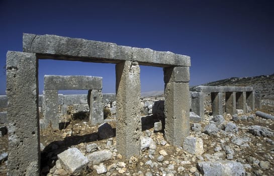 The ruins of the Basilica of Mushabbak near Aleppo in northern Syria in the Middle East.