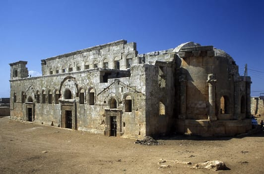 The ruins of the basilica of Qalb Lozeh near Aleppo in northern Syria in the Middle East.