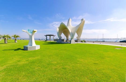 The Pacific Portal, aka Shelter Island Gazebo, at Point Loma, in San Diego, Southern California, United States of America. An Architectural arched art structure with mosaic tile ceiling and pathways.