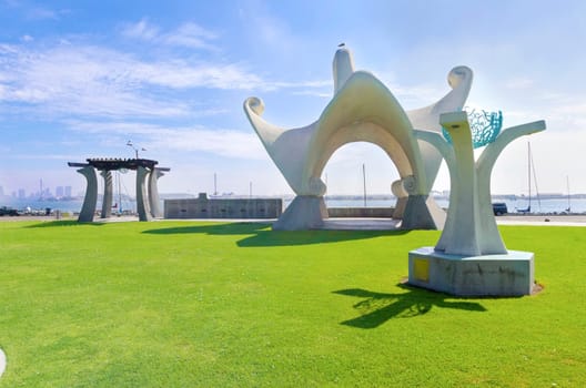 The Pacific Portal, aka Shelter Island Gazebo, at Point Loma, in San Diego, Southern California, United States of America. An Architectural arched art structure with mosaic tile ceiling and pathways.