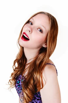 A closeup picture of a lovely teenager with blue eye's and long brunette.hair, isolated for white background..