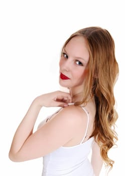A lovely young woman standing in a white top from the back,.isolated for white background..