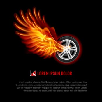 Powerful wheel with orange flaming wings for your design