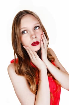 A young teen girl in a red blouse holding her hands on her face, .isolated for white background..