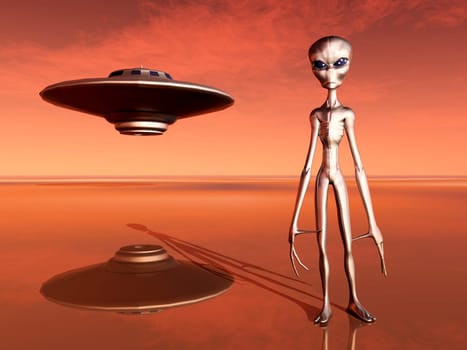 Computer-generated 3D illustration with spaceship and alien in a distant world