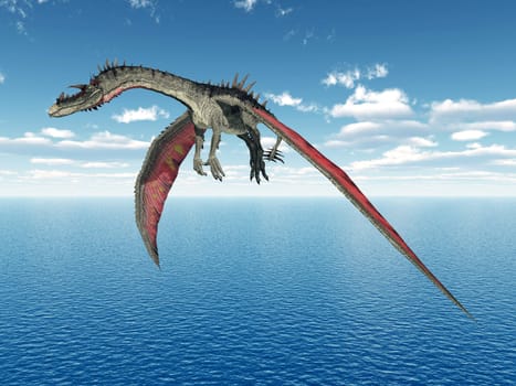 Computer-generated 3D illustration with a flying kite over the sea