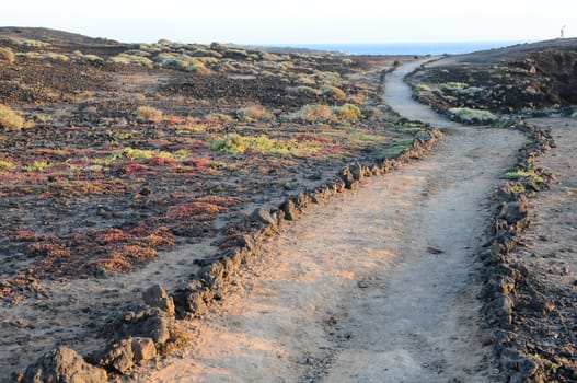 Travel Concept Background - Pathway in the Volcanic Desert Tenerife Canaty Islands Spain