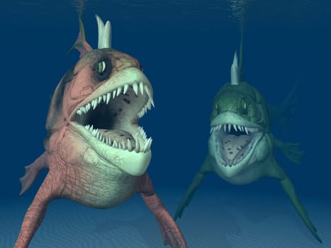 Computer-generated 3D illustration with two sea monsters