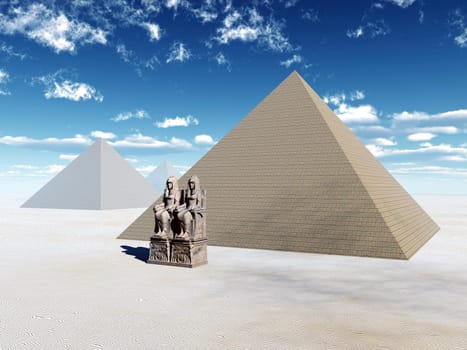 Computer-generated 3D illustration with Egyptian pyramids and statues