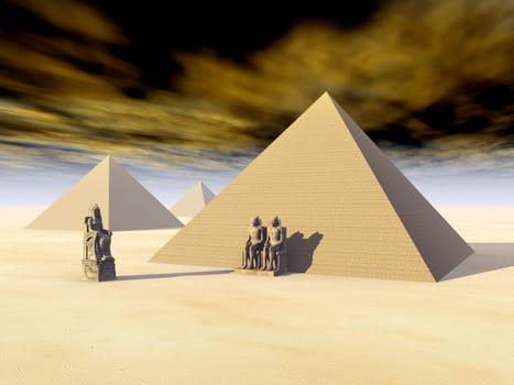 Computer-generated 3D illustration with Egyptian pyramids and statues
