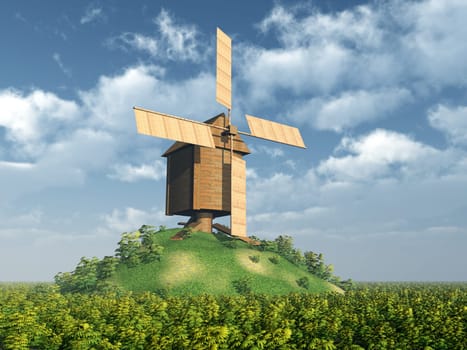 Computer-generated 3D illustration with a windmill on a hill