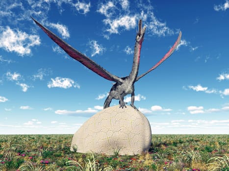 Computer-generated 3D illustration with a dragon in a landscape