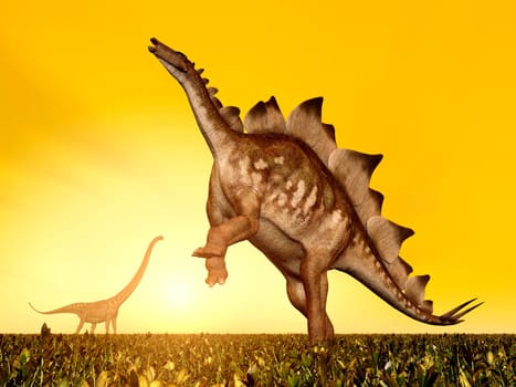 Computer-generated 3D illustration with the dinosaurs Stegosaurus and Mamenchisaurus at sunset