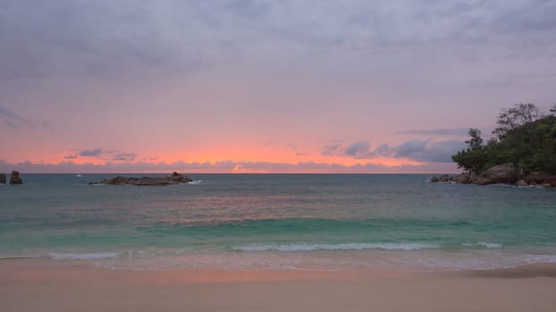 Sunset on a dream beach on the island of Praslin,Seychelles,Indian Ocean.