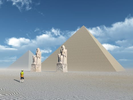 Computer-generated 3D illustration with Egyptian pyramids and statues
