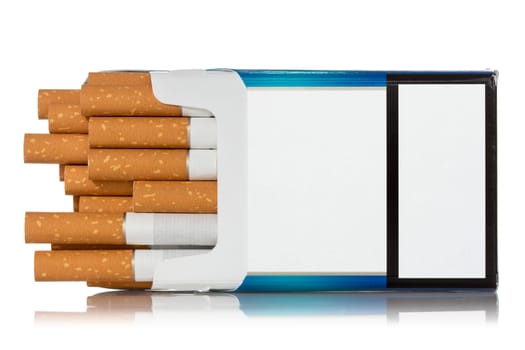 Pack of cigarettes opened on white background