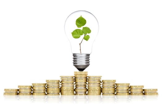 Saving money concept. Bulb and coins stacked on white background