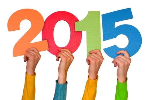 Hands with color numbers shows  year 2015. Isolated on white background