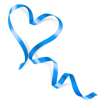 Heart made of blue ribbon on white background.