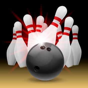 Skittles and ball. Strike. Flash. Dark background.