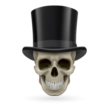 Human skull wearing a black top hat.