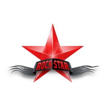 Red star with black torn Rock Star banner. Illustration on white background