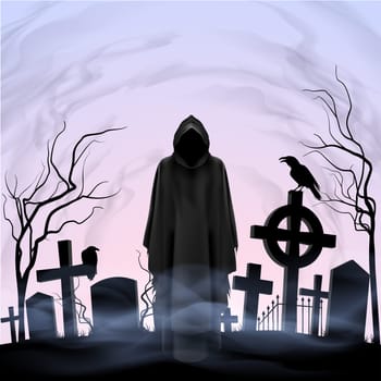 Faceless angel of death among graves in the cemetery. Twilight