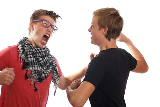 two teen boys fighting and screaming at each other
