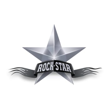 Silver star with black torn Rock Star banner. Illustration on white background