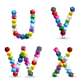 Letters U, V, W and X made of colored blocks.