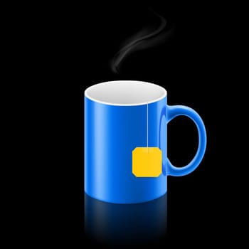 Blue cup of something with teabag stay
