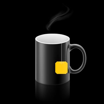 Black cup of something with teabag stay