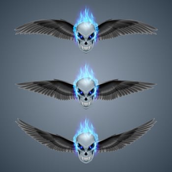 Set of mutant skulls with fangs, blue flame and black wings
