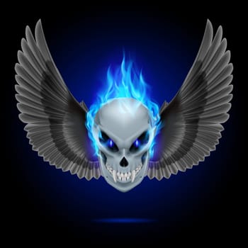 Mutant skull with long fangs, blue flame and black wings