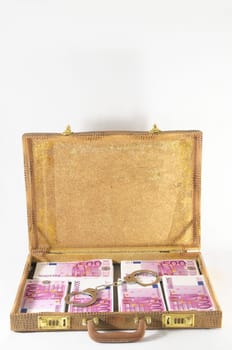 One Suitcase Full of Pink 500 Euros Banknotes and Handcuffs