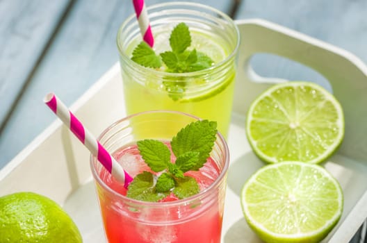 Two glasses of ice-cooled lemonade