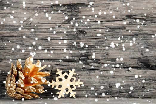 Snowy Christmas Background in Black White with Golden Christmas Decorations