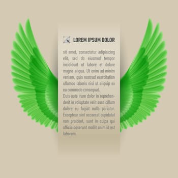 Sheet of paper with text with green wings up on both sides