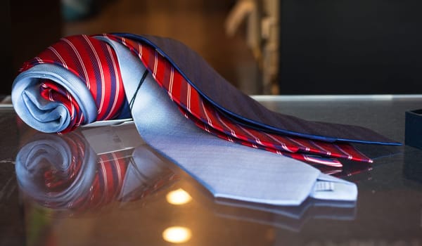 Close up of neckties exposed in the clothes shop