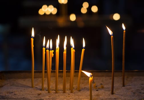 Close up of religion ceremony candles in church