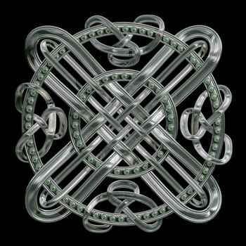 Silver Celtic knot with emeralds isolated on a black background