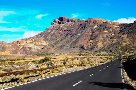 Desert Lonely Road Landscape in Volcan Teide National Park, Tenerife, Canary Island, Spain