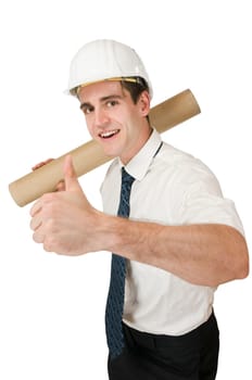Torso shot of a young man in a white shirt,black pants and with white helmet a document roll over her shoulder holding the thumb sober pointing friendly at the camera looking at the white background