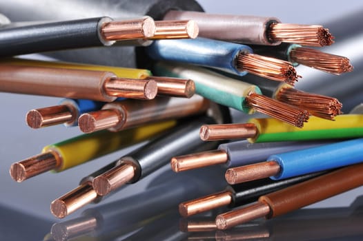 Macro detail of various stripped power cables